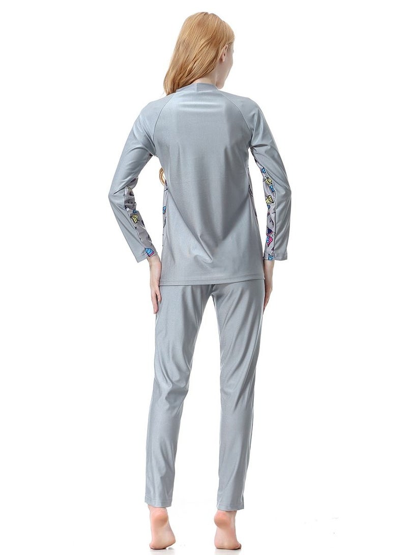 Loquat 3-Piece Conservative Swimwear Set Long Sleeve Printed Burkini Swimsuit Set Grey  - Image 2