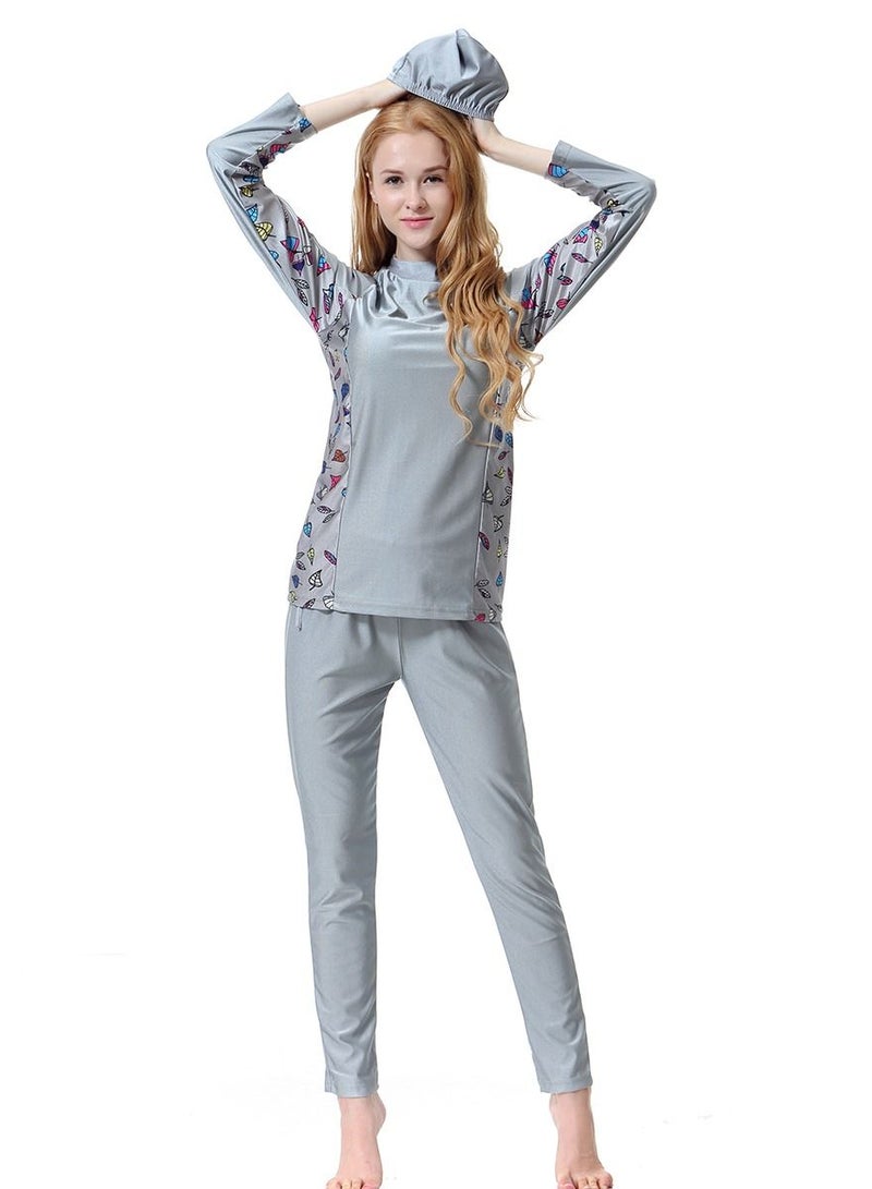 Loquat 3-Piece Conservative Swimwear Set Long Sleeve Printed Burkini Swimsuit Set Grey  - Image 1