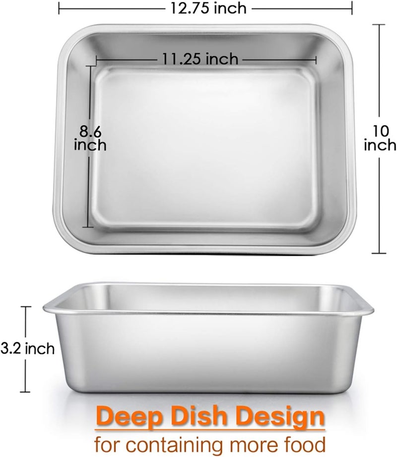 E-far Lasagna Pan Set of 2, Deep Stainless Steel Baking Pans, 12.75 x10 x3.2 Inches Rectangular Metal Roasting Baking Dish Bakeware for Oven, Non-Toxic & Heavy Duty, Dishwasher Safe - Image 2