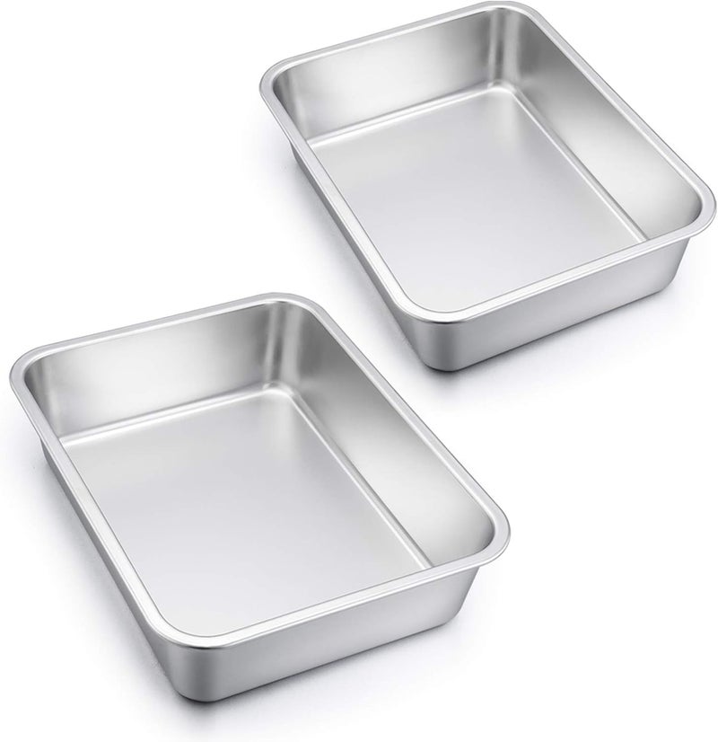 E-far Lasagna Pan Set of 2, Deep Stainless Steel Baking Pans, 12.75 x10 x3.2 Inches Rectangular Metal Roasting Baking Dish Bakeware for Oven, Non-Toxic & Heavy Duty, Dishwasher Safe - Image 1