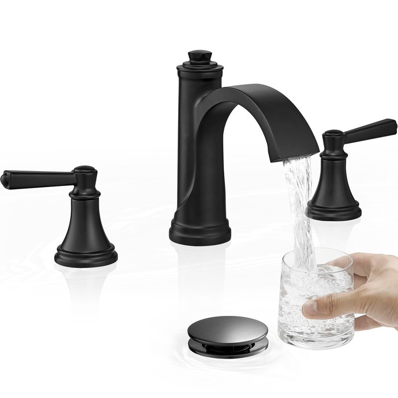 HEYMYTAP Matte Black Bathroom Faucet 3 Hole, Brass Bathroom Waterfall Faucet, 4-16 Inch Bathroom Sink Faucets, 2 Handle Widespread Faucet for Bathroom Sink with Water Supply Hoses, Pop-Up Drain - Image 1