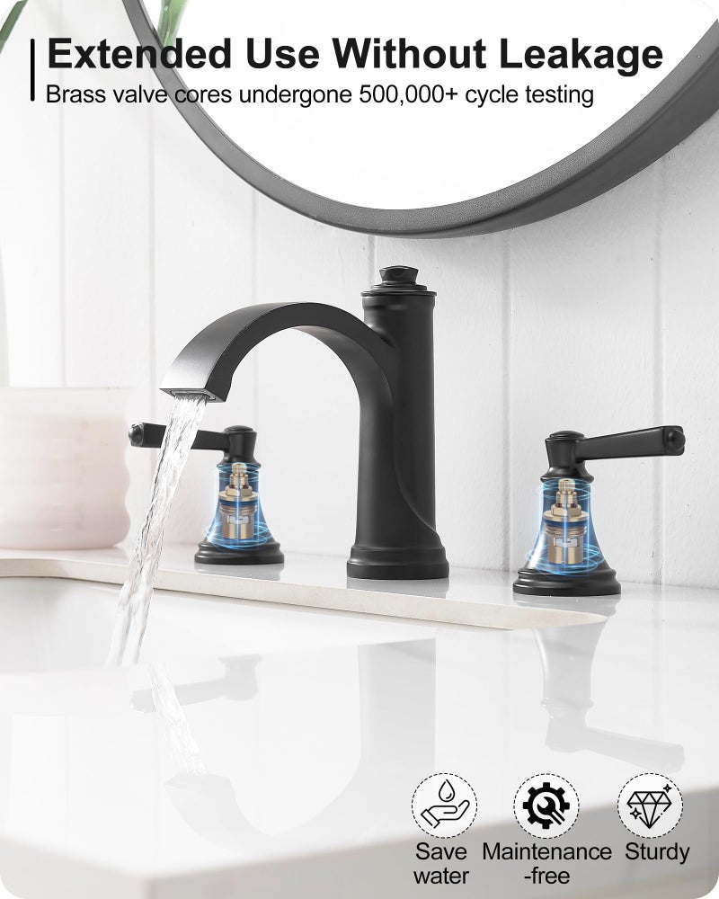 HEYMYTAP Matte Black Bathroom Faucet 3 Hole, Brass Bathroom Waterfall Faucet, 4-16 Inch Bathroom Sink Faucets, 2 Handle Widespread Faucet for Bathroom Sink with Water Supply Hoses, Pop-Up Drain - Image 5