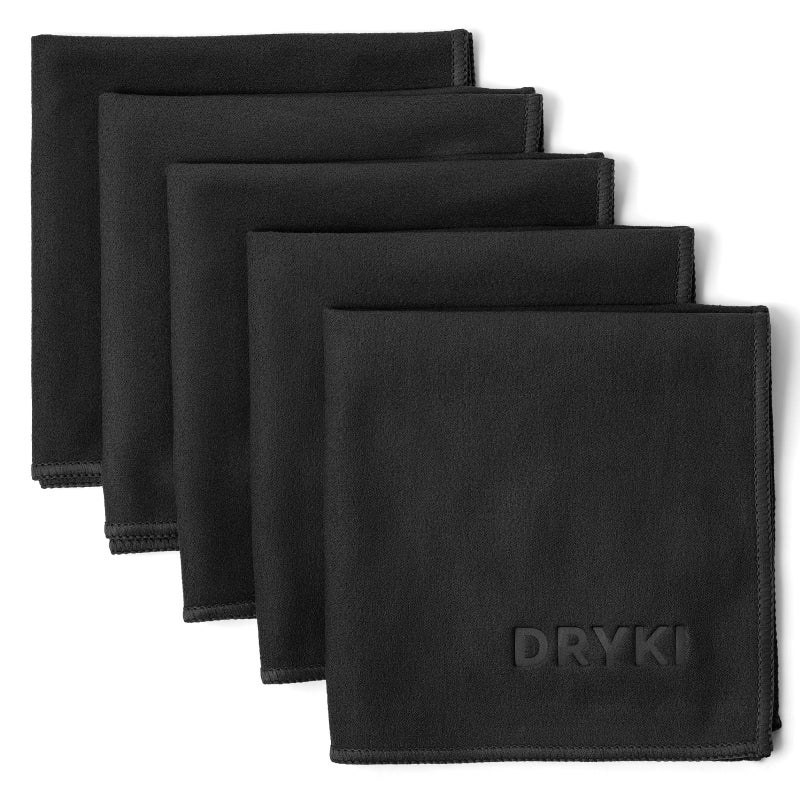 DRYKI DRYKI Sweat Absorbing Handkerchiefs  The Original QuickDry Microfiber Sweat Rags  Towels for Face Hands  Body  Perfect for Gym Sports and Work Black 5 Pack  Free Bag