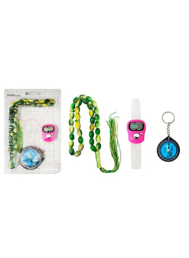 طقم TZ-04 خاتم تسبيح + سبحة + بوصلة على كارت – هدية أنيقة وعملية للذكر والدعاء