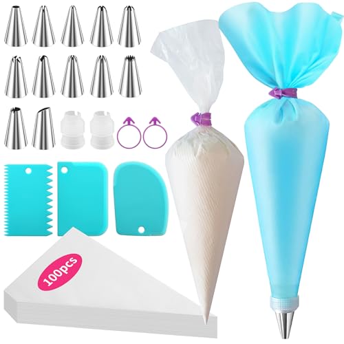 ALLTOP Piping Bags and Tips Set Ultimate Cake Decorating Supplies Kit  Included 100 Disposable Pastry Bags 1 Reusable Silicone Bag 2 Couplers 12 Frosting Tips 2 Ties 3 Icing Scrapers for Baking