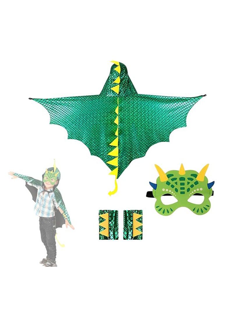 CMGTYYD Dragon Costume, Kids Dinosaur Cape & Mask Set, Green, Unisex, 3+ Years, One Size, Halloween, Carnival, Fancy Dress - Image 1