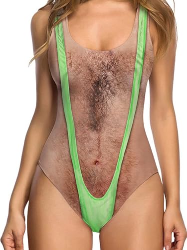 uideazone Women One Pieces Swimsuit Funny Hairy Body Chest Printed Hippie Pro Swimwear Bathing Suit Monokini with Removable Chest Pad - Image 1