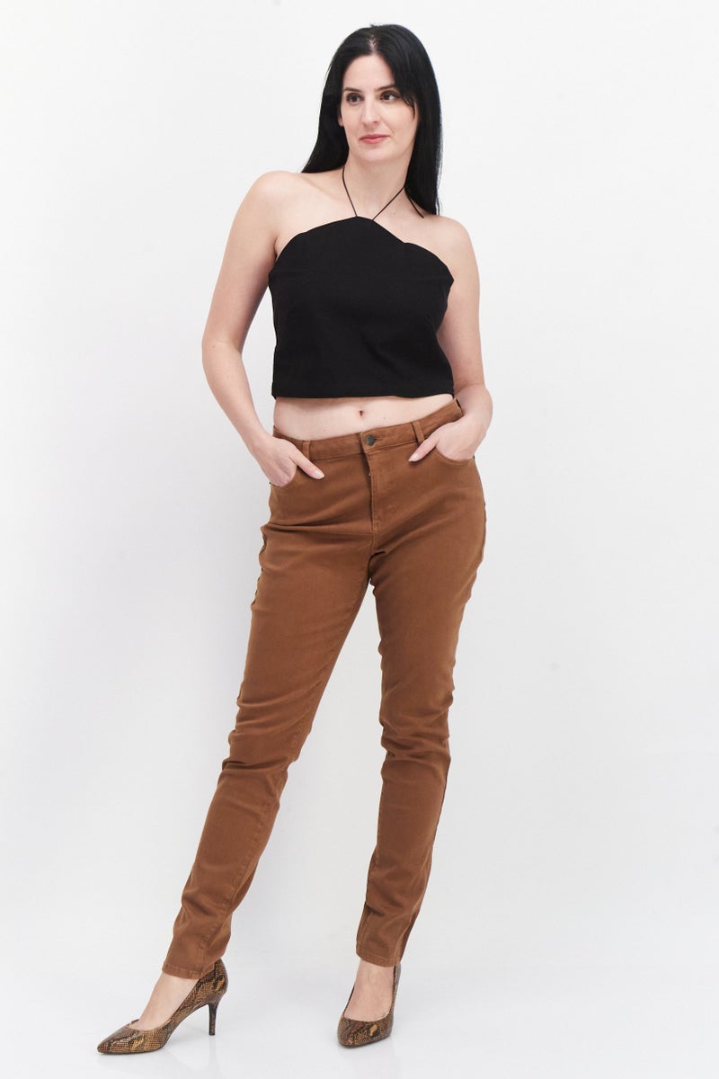 ESPRIT Women Skinny Fit High Rise Solid Stretchable Chino Pants, Brown - Image 2