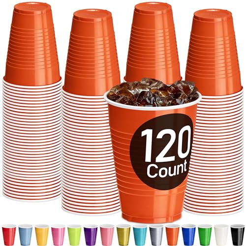 DecorRack Orange Plastic Cups 12 oz Disposable Cups Reusable Party Supplies 120 Count