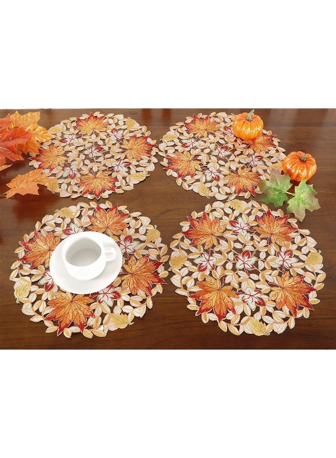 GRANDDECO GRANDDECO Fall Placemats Set of 4 Washable Embroidered Cutwork Maple Leaves Dresser Scarf Table Cover, Autumn Or Fall  - Image 4
