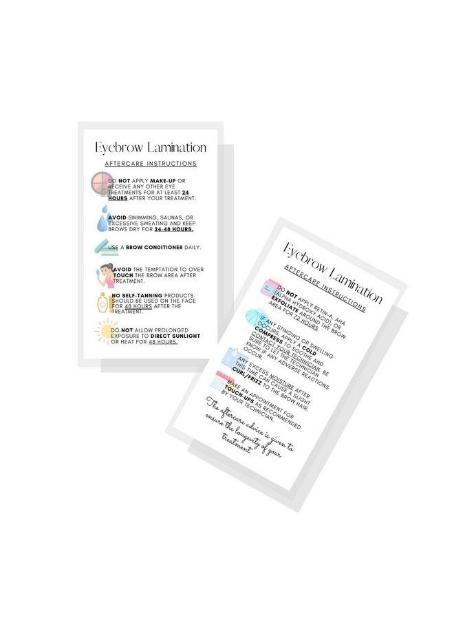 Boutique Marketing LLC Eyebrow Lamination Aftercare Instruction Cards ; Physical Printed 2 X 3.5” Inches Business Card Size ; Starter Lift Kit With Tint At Home Diy Aftercare Supplies ; White With Icons Design  - Image 1