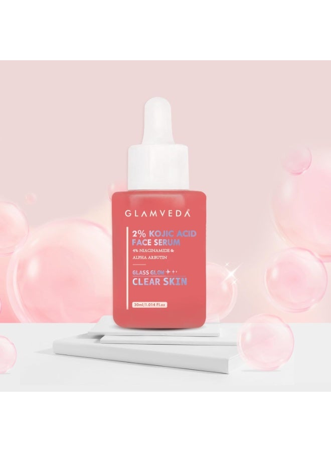 Glamveda 2% Kojic Acid Face Serum | Reduces Dark Spots, Pigmentation & Blemishes | With Alpha Arbutin & Niacinamide | Skin Brightening & Hydration | For Men & Women | All Skin types | 30 ml - Image 1
