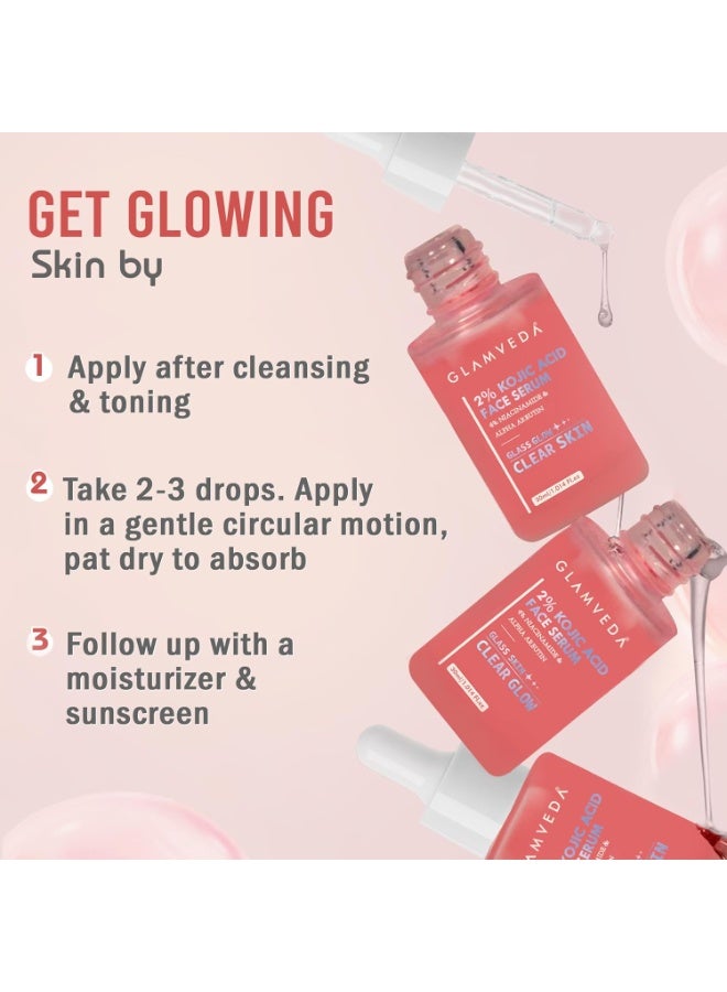 Glamveda 2% Kojic Acid Face Serum | Reduces Dark Spots, Pigmentation & Blemishes | With Alpha Arbutin & Niacinamide | Skin Brightening & Hydration | For Men & Women | All Skin types | 30 ml - Image 2