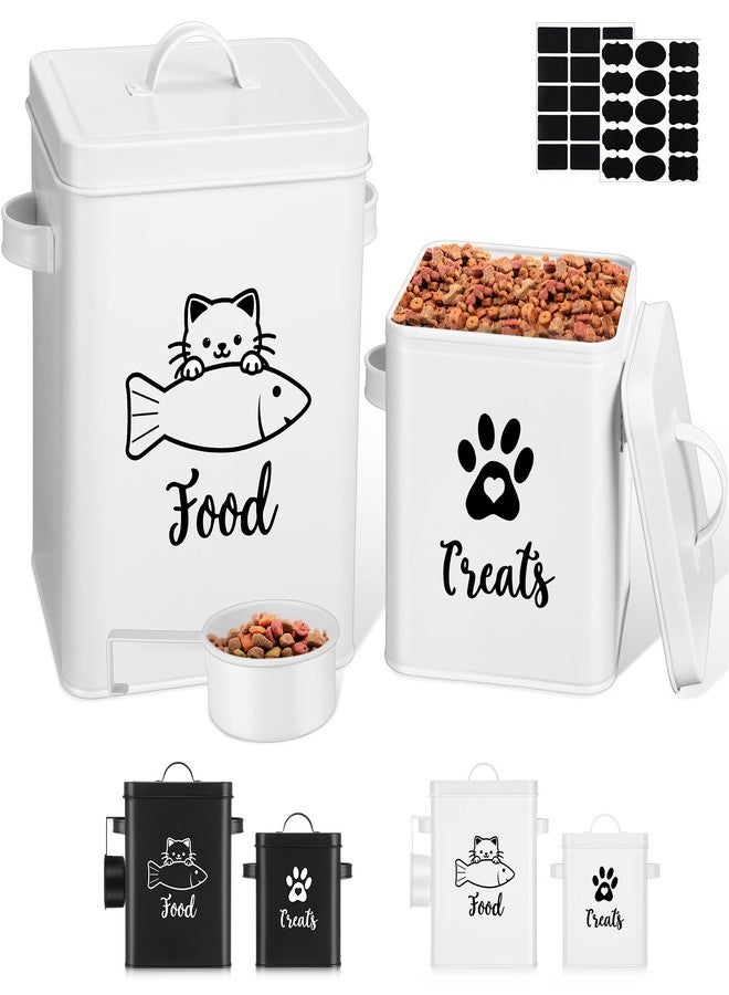 Funnymoom 2 Pcs Metal Cat Food Containers with Airtight Lids and Spoon 7+3 Lbs Cat Treat Storage Organizer with DIY Labels Big Pet Dry Food Jar Vintage Snack Bin for Kitchen Pet Owners Gift(White) - Image 1