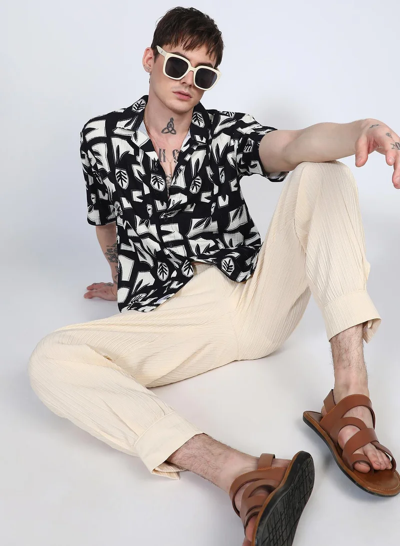 Campus Sutra Men's Onyx Black Oversized Geometric Foliage Shirt