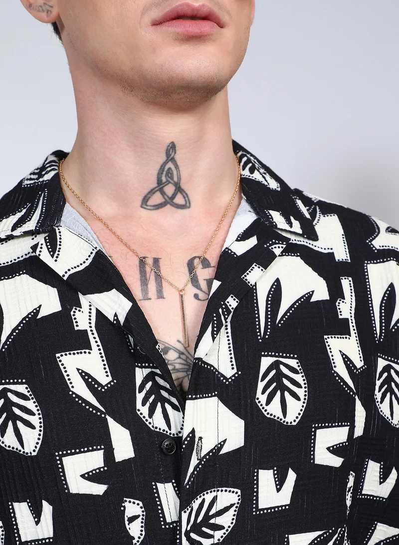 Campus Sutra Men's Onyx Black Oversized Geometric Foliage Shirt