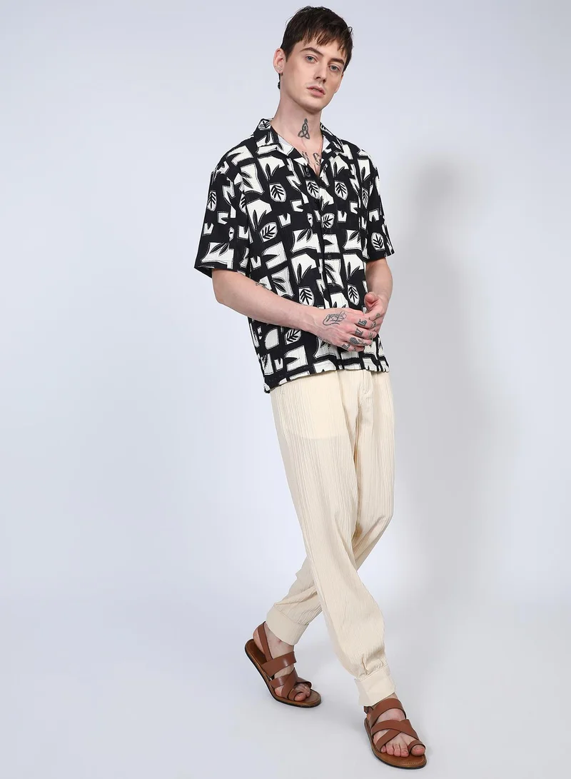 Campus Sutra Men's Onyx Black Oversized Geometric Foliage Shirt