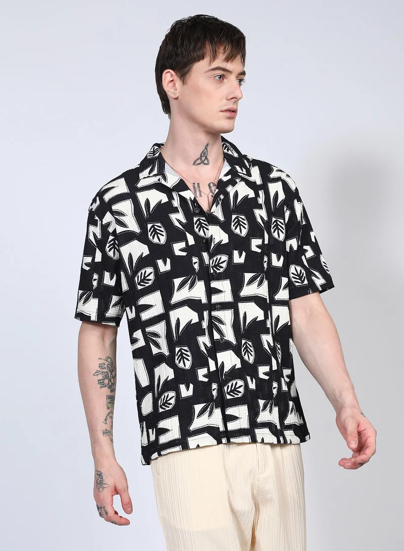 Campus Sutra Men's Onyx Black Oversized Geometric Foliage Shirt