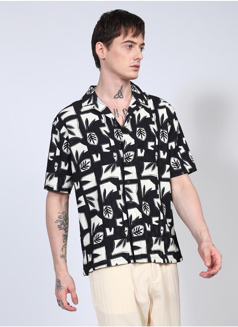 Campus Sutra Men's Onyx Black Oversized Geometric Foliage Shirt  - Image 3