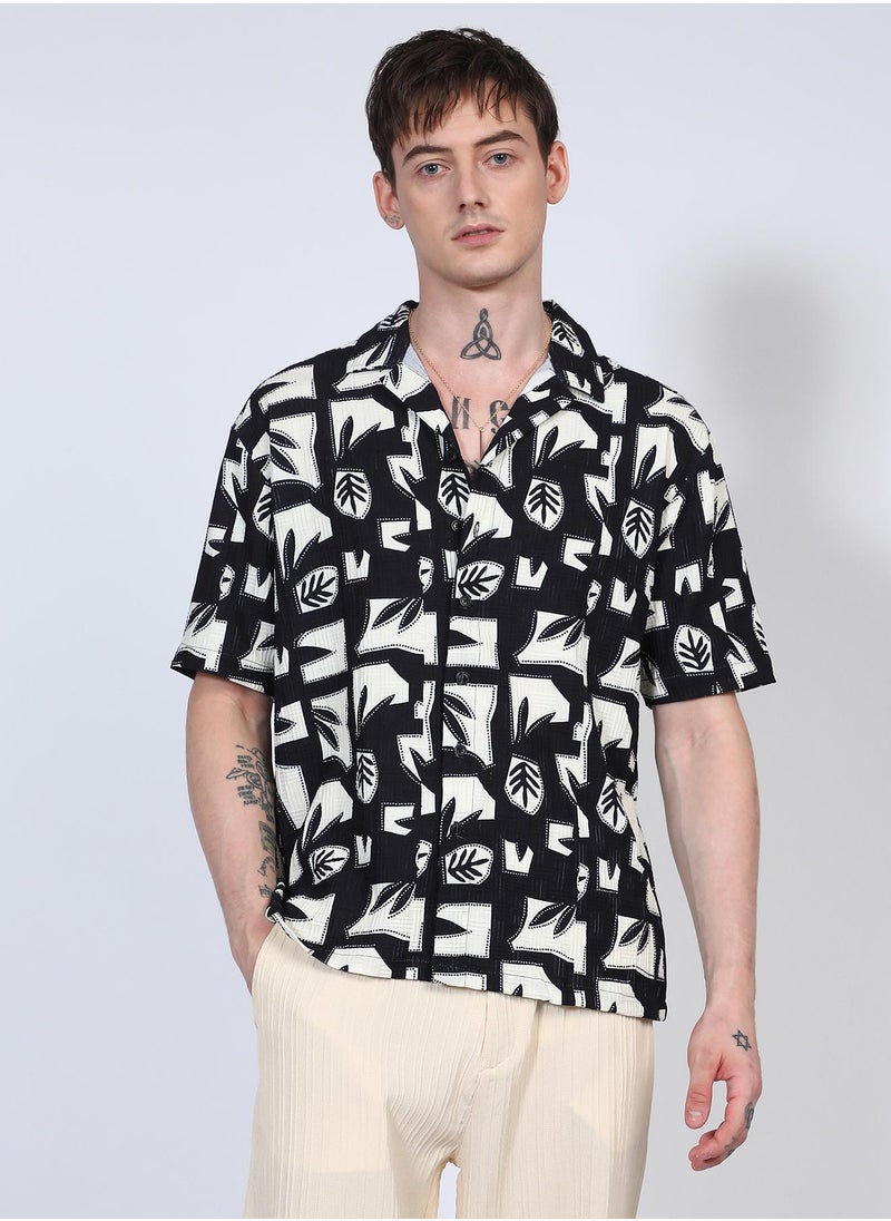 Campus Sutra Men's Onyx Black Oversized Geometric Foliage Shirt  - Image 2