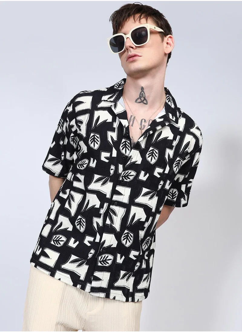 Campus Sutra Men's Onyx Black Oversized Geometric Foliage Shirt