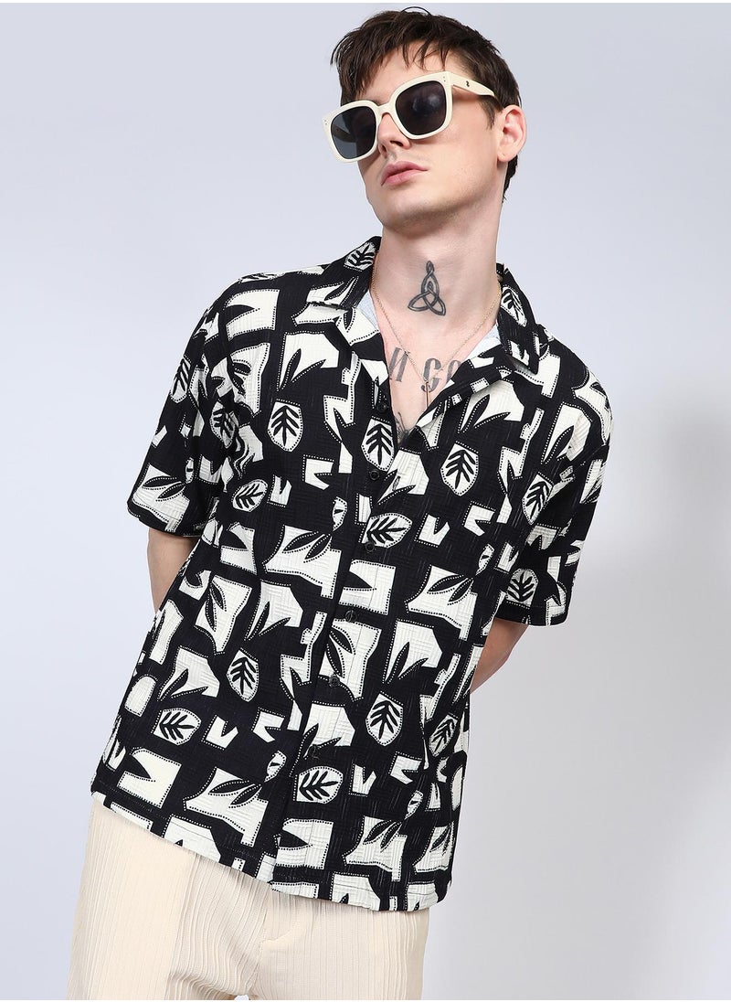 Campus Sutra Men's Onyx Black Oversized Geometric Foliage Shirt  - Image 1