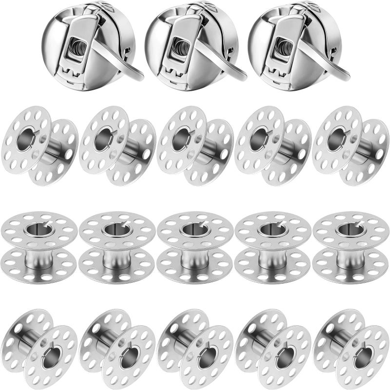 WILLBOND 3 Pcs Sewing Machine Bobbin Case and 15 Pcs Metal Sewing Machine Bobbins with Shuttle Holder for Craft Suitable for Front Loading 15 Class Apparatus