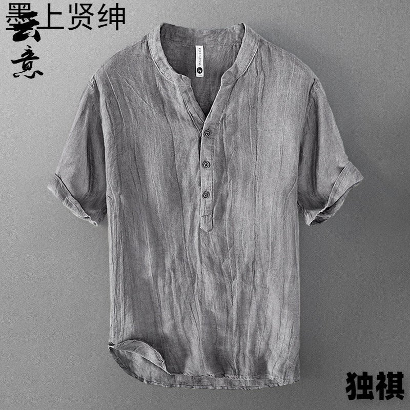 Pure Linen Short-Sleeved T-Shirt Men'S Summer Chinese-Style Loose Thin V-Neck Top Retro Casual Half-Sleeved Linen T-Shirt - Image 2