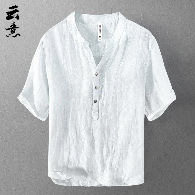 Pure Linen Short-Sleeved T-Shirt Men'S Summer Chinese-Style Loose Thin V-Neck Top Retro Casual Half-Sleeved Linen T-Shirt - Image 1