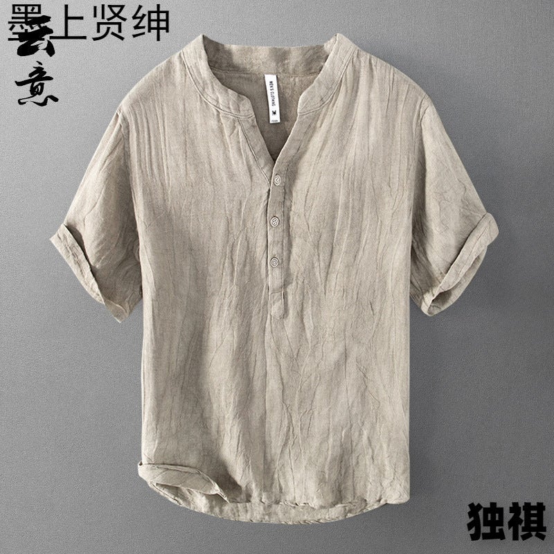 Pure Linen Short-Sleeved T-Shirt Men'S Summer Chinese-Style Loose Thin V-Neck Top Retro Casual Half-Sleeved Linen T-Shirt - Image 3