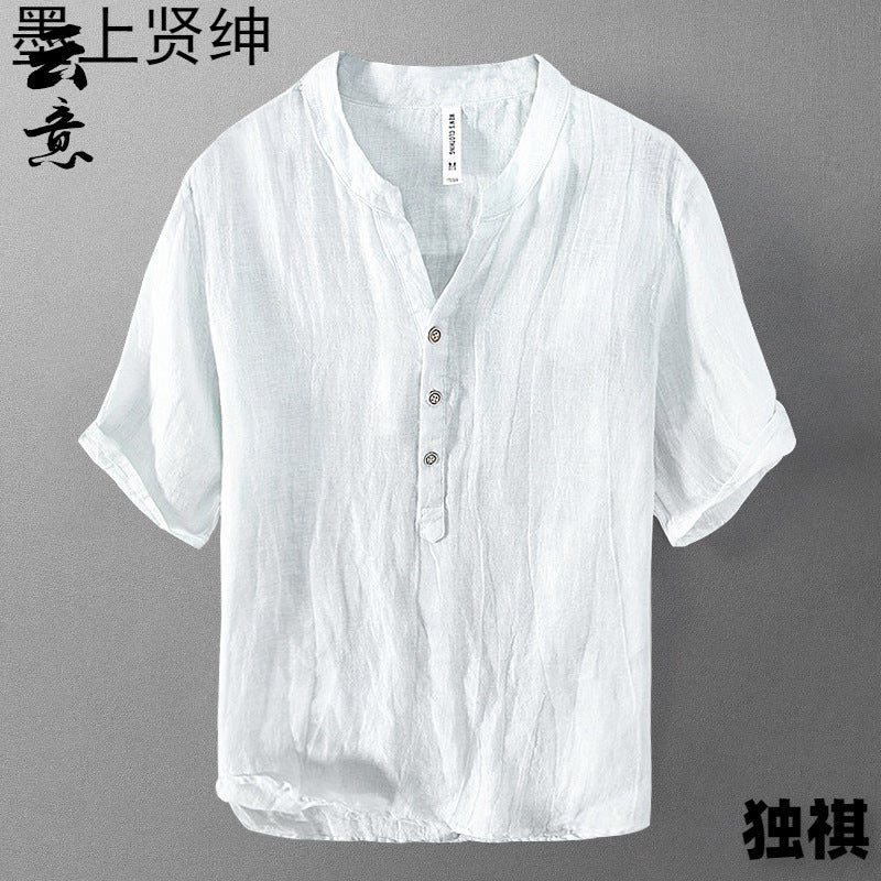 Pure Linen Short-Sleeved T-Shirt Men'S Summer Chinese-Style Loose Thin V-Neck Top Retro Casual Half-Sleeved Linen T-Shirt - Image 4