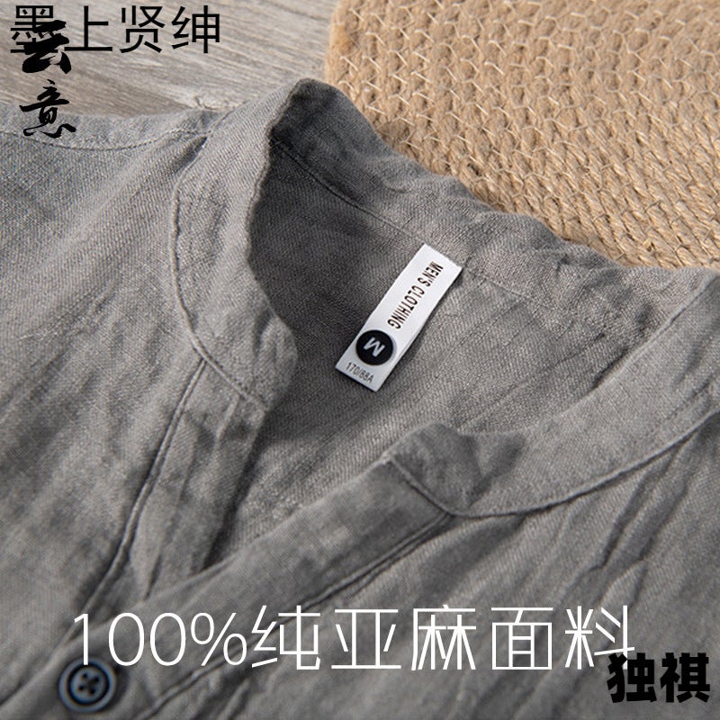 Pure Linen Short-Sleeved T-Shirt Men'S Summer Chinese-Style Loose Thin V-Neck Top Retro Casual Half-Sleeved Linen T-Shirt - Image 5