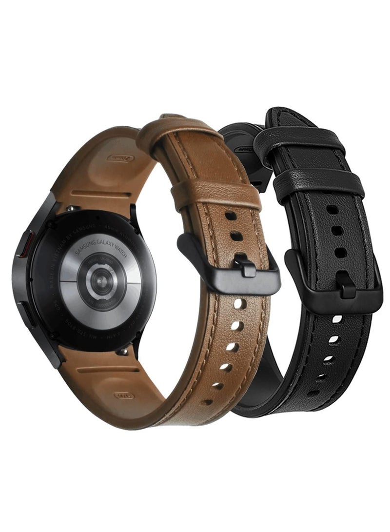 Excefore Leather Watch Band for Galaxy Watch 4 and 4 Classic 42mm and 46mm 2 Pcs 20mm Quick Release Watch Strap Hybrid Silicone Sweatproof Wristband Black and Brown  - Image 1