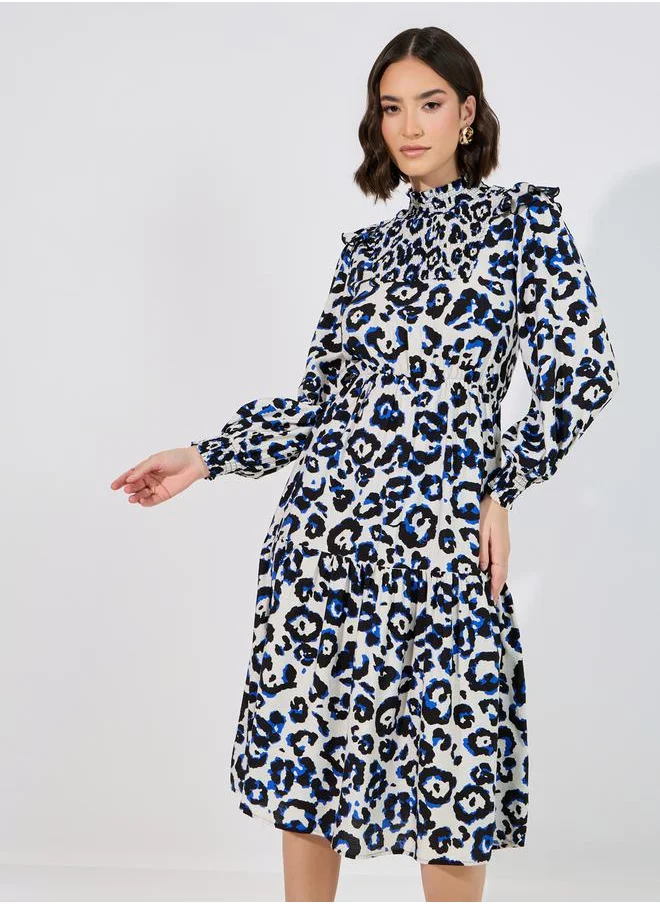 Styli Abstract Print Shirred A-Line Midi Dress