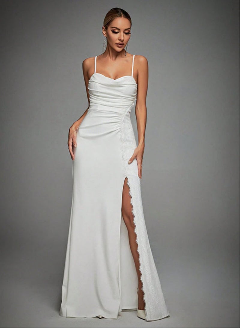 Meilun Elegant White Satin Evening Dress with Delicate Lace Detail - Image 1
