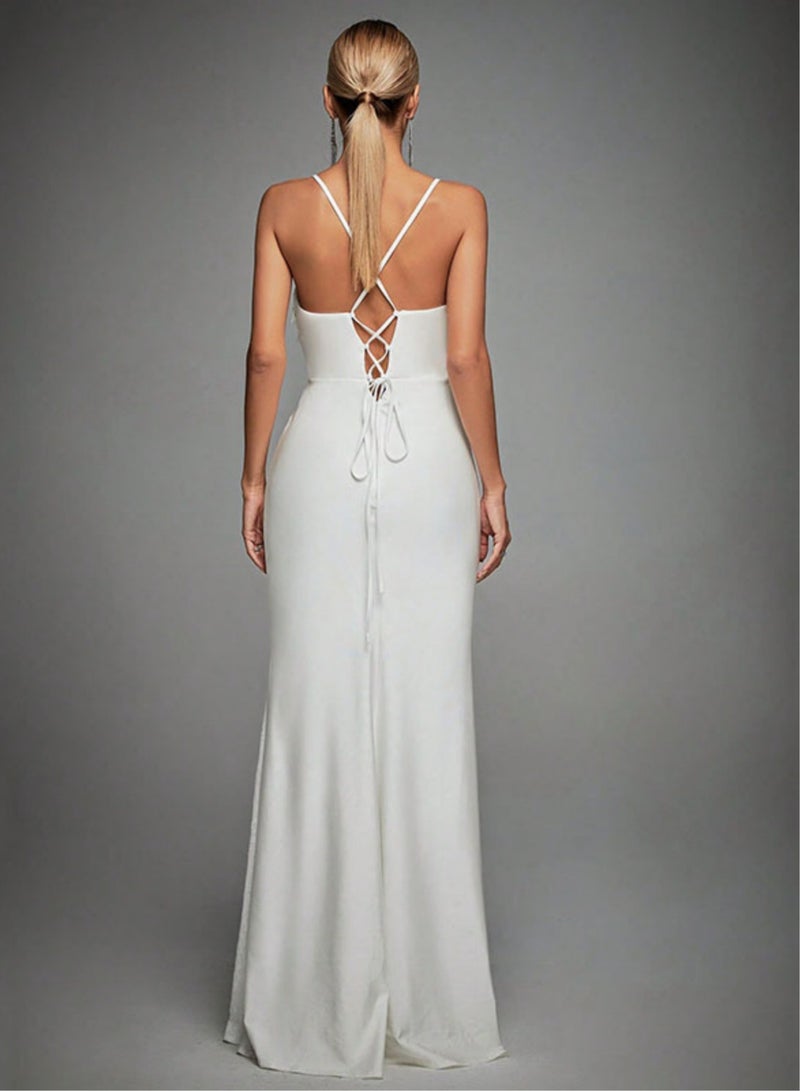 Meilun Elegant White Satin Evening Dress with Delicate Lace Detail - Image 2