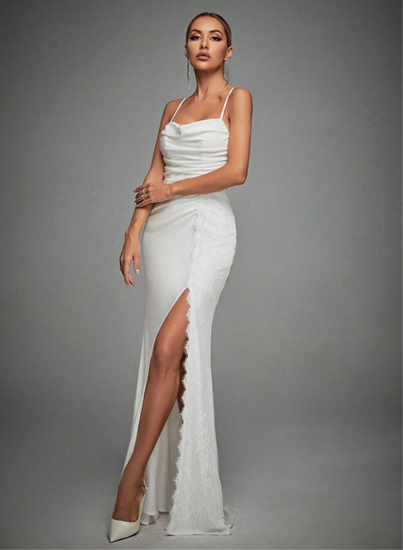 Meilun Elegant White Satin Evening Dress with Delicate Lace Detail - Image 3