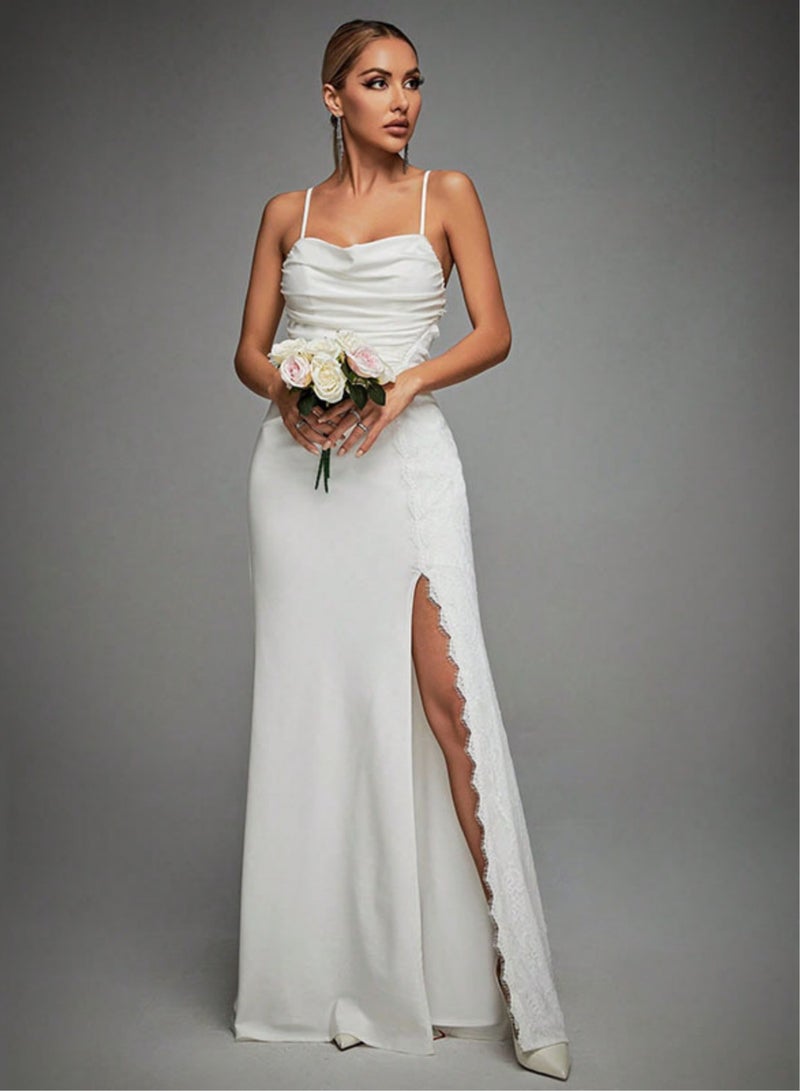Meilun Elegant White Satin Evening Dress with Delicate Lace Detail - Image 5