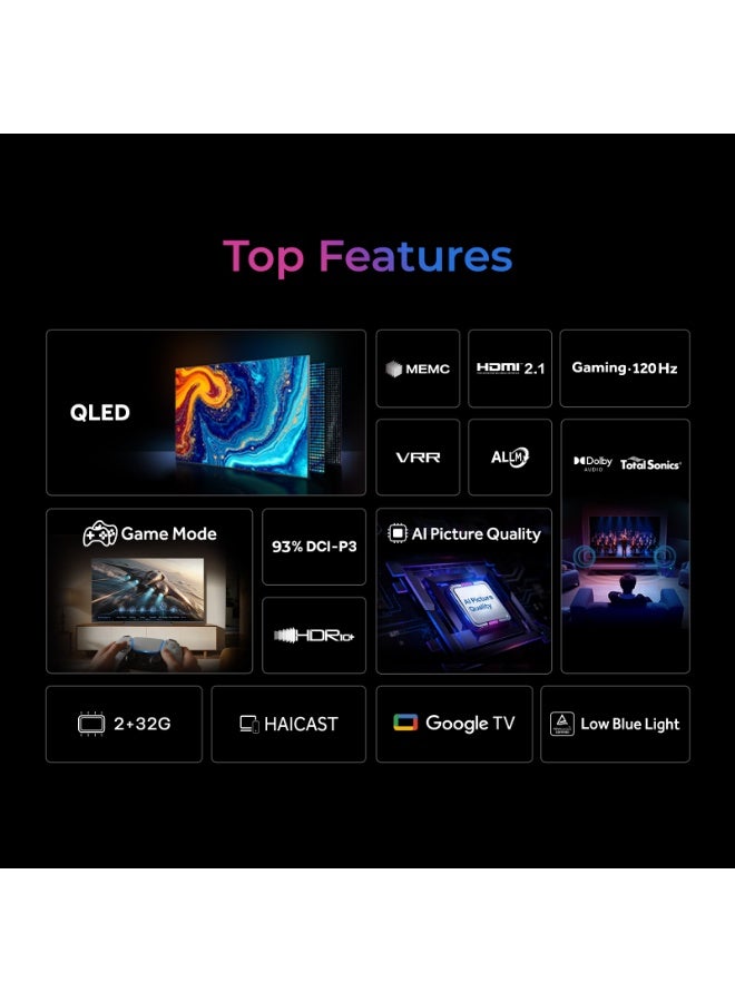 هاير 65-Inch 4K UHD QLED Smart Google TV with HDR10+, HDMI 2.1, ALLM, VRR, DLG 120Hz, Chromecast & Built-in Satellite Receiver H65S80GUX black - Image 2
