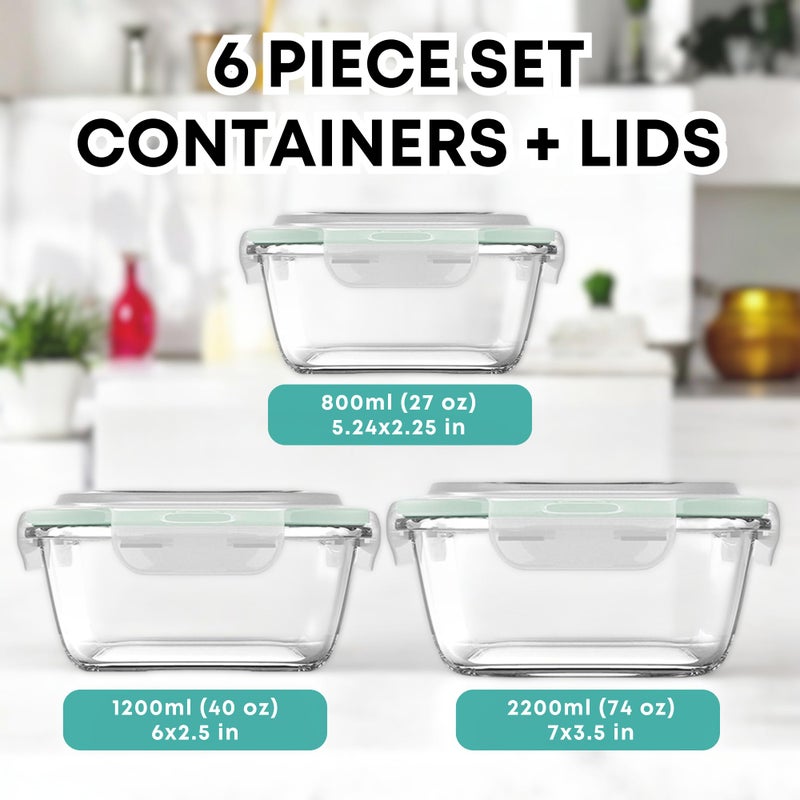 Razab 6 PC Square Glass Food Storage Containers with Airtight lids (74, 40 & 27oz) Kitchen Glass Meal Prep Containers Set for Freezer Reusable Leftover Lunch Boxes, Oven, Microwave, Dishwasher Safe - Image 2