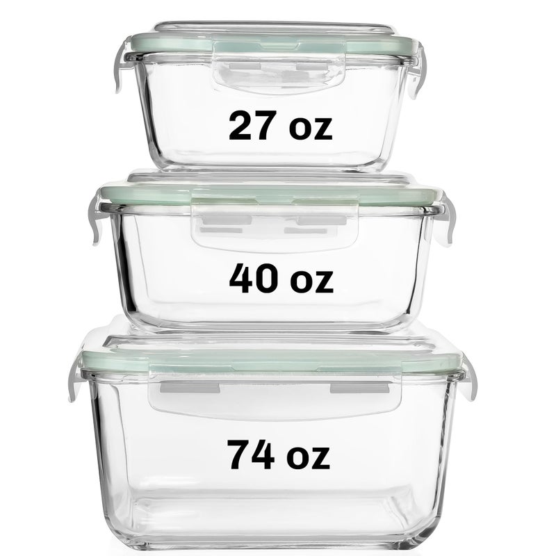 Razab 6 PC Square Glass Food Storage Containers with Airtight lids (74, 40 & 27oz) Kitchen Glass Meal Prep Containers Set for Freezer Reusable Leftover Lunch Boxes, Oven, Microwave, Dishwasher Safe - Image 1