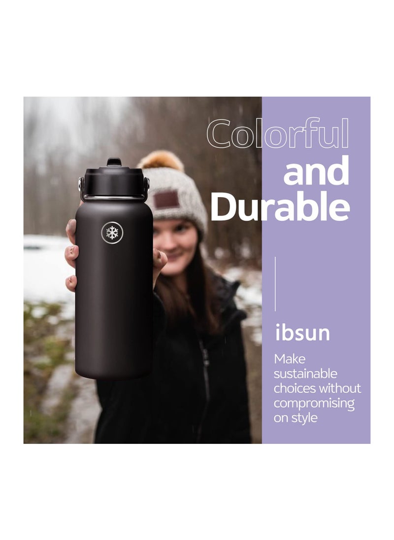 ibsun - 1L Vacuum Insulated Stainless Steel Water Bottle with Straw & Spout Lids, Double Wall Sweat-Proof to Keep Beverages Cold for 24Hrs or Hot for 12Hrs - Image 1