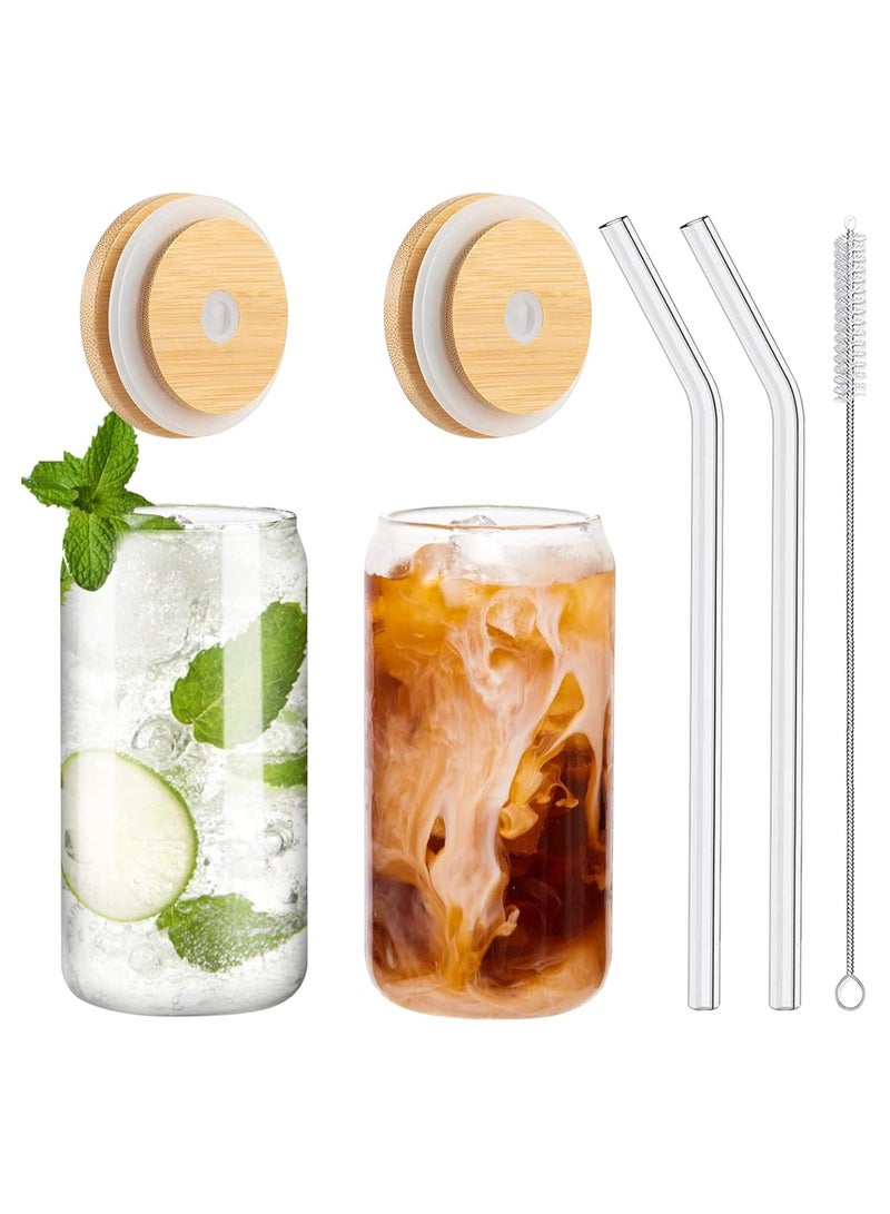 Drinking Cup Set with Bamboo Lids and Glass Straw, Iced Coffee Cups, Soda, Gift with Cleaning Brush - Image 1