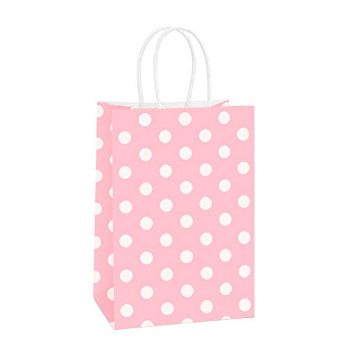 BagDream Small Gift Bags 25Pcs 5.25x3x8 Inches Kraft Paper Bags with Handles, Pink Dot Paper Gift Sacks for Retail, Merchandise, Party Favor, Small Business - Image 1