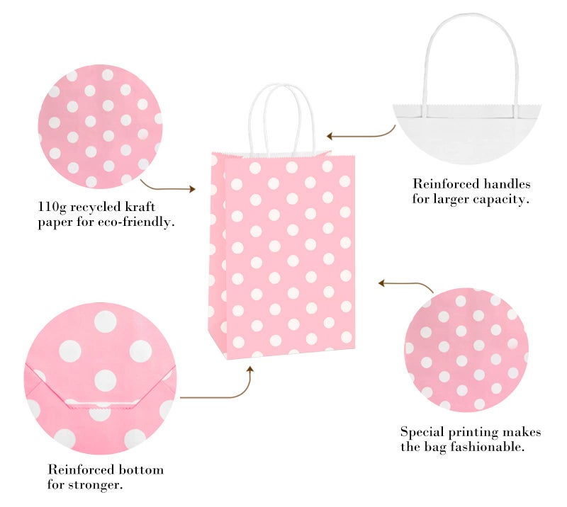 BagDream Small Gift Bags 25Pcs 5.25x3x8 Inches Kraft Paper Bags with Handles, Pink Dot Paper Gift Sacks for Retail, Merchandise, Party Favor, Small Business - Image 5