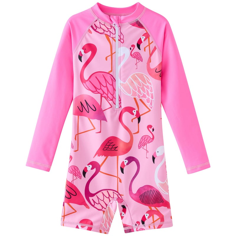 UMELOK Girls Rash Guard Swimsuits Long Sleeve One Piece Swimwear with UPF 50+ Sun Protection Zipper Bathing Suits Rose Red,Flamingo,8Y - Image 1
