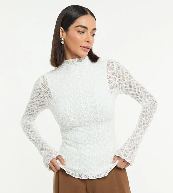 BCBG BCBG LONG SLEEVE MOCK NECK LACE BLOUSE