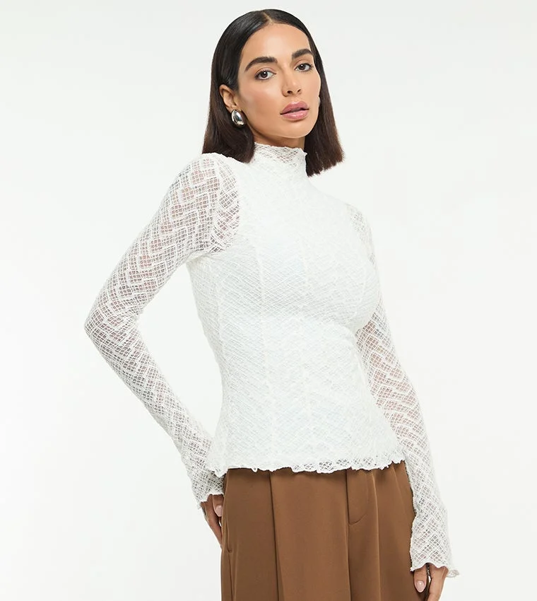 BCBG BCBG LONG SLEEVE MOCK NECK LACE BLOUSE