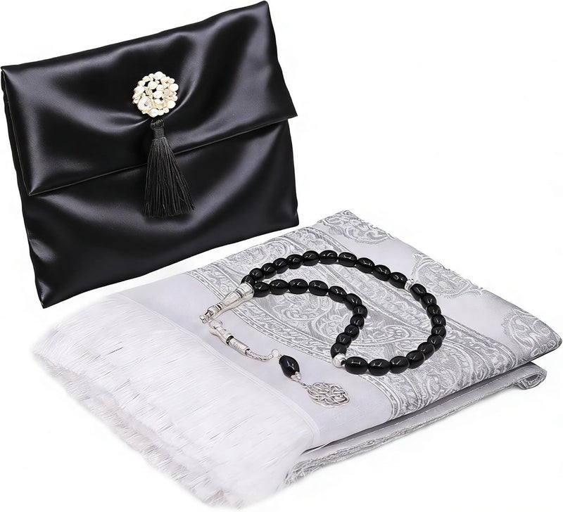 Pomefar Ramadan Prayer Mat with Beads & Elegant Fabric Bag, Foldable Washable Polyester Praying Rug, Gift for Men Women(Black) - Image 1