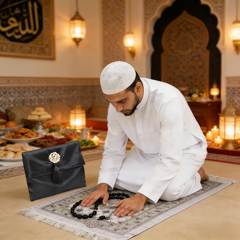 Pomefar Ramadan Prayer Mat with Beads & Elegant Fabric Bag, Foldable Washable Polyester Praying Rug, Gift for Men Women(Black) - Image 2